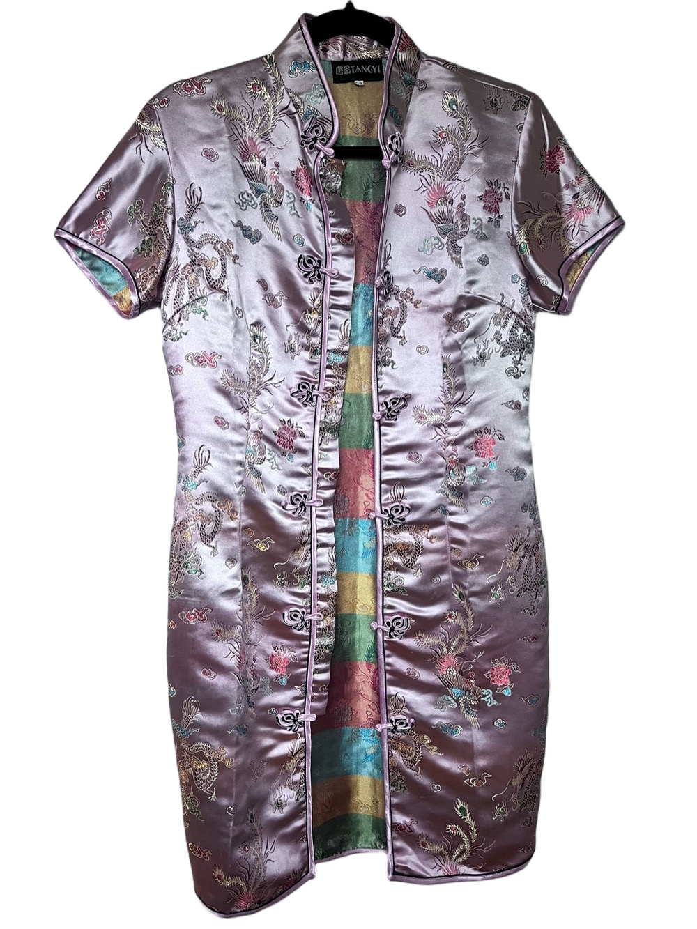 Tangyi Pink Satin Embroidered Brocade Qipao Cheongsam Mandarin Dress Size XS